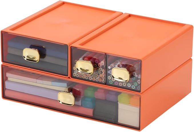 Spacious Desktop Storage Box, 1 Large 1 Middle & 2 Small Storage Drawers, Stackable Office Desk Drawer Organizer and Accessories, Printer Paper Organizer, Orange Plastic Drawers for Workspace