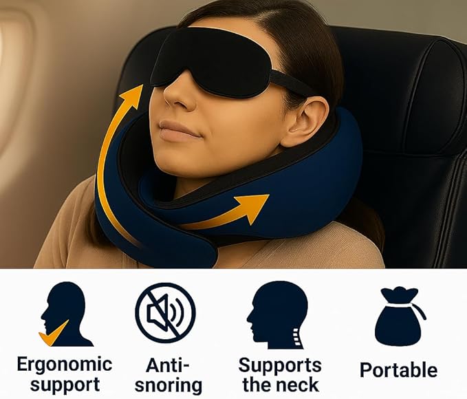 Travel Pillow, Travel Pillows for Airplanes, 100% Pure Memory Foam Travel Neck Pillow with Eye Mask & Ear Plugs, Comfort and Ergonomic Design, Ideal for Airplanes, Cars and Offices