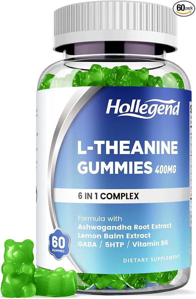 L-Theanine Gummies, l'theanine 400mg with Ashwagandha, GABA, 5HTP,L-Theanine Chewable Supplement for Relax, Zzz & Focus Support, Vegan, Lemon Flavor, 60 Counts