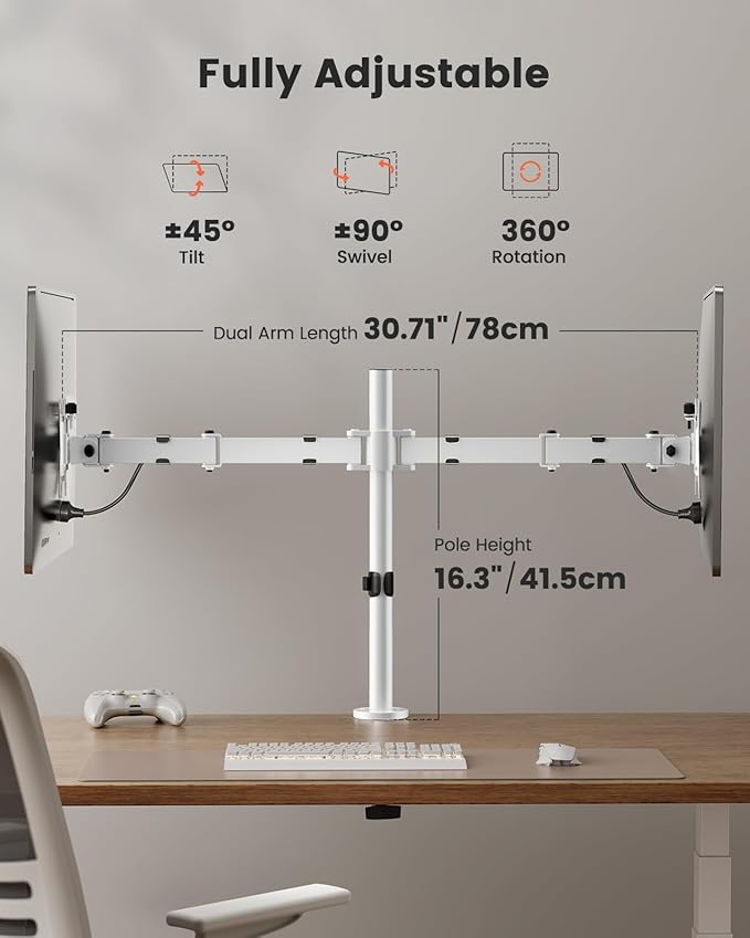 ErGear Fully Adjustable Dual Monitor Mount for 2 Screens up to 32 Inches, Holds up to 17.6 lbs Each Arm, Desk Stand, White