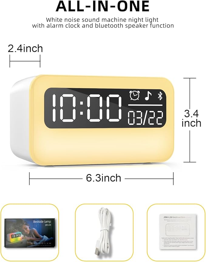 4-in-1 White Noise Sound Machine with 24 Soothing Sounds, Adjustable Night Light for Kids Aldult, 4000mAh Rechargeable Bluetooth Speaker with Time Display