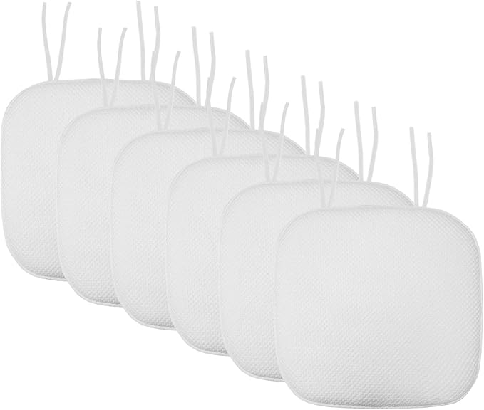 Sweet Home Collection Chair Cushion Memory Foam Pads with Ties Honeycomb Pattern Slip Non Skid Rubber Back Rounded Square 16" x 16" Seat Cover, 6 Pack, White 6 Pack