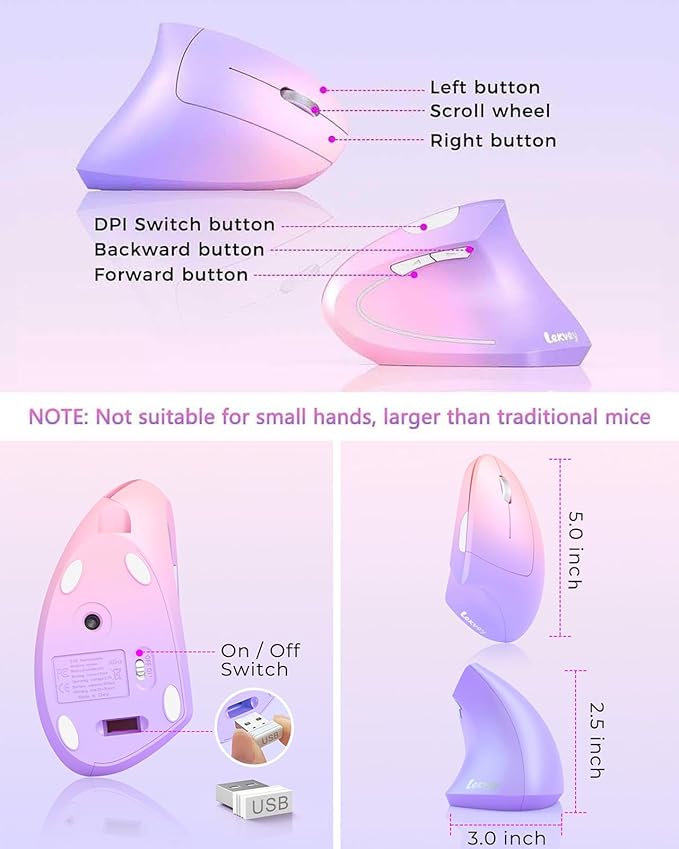 Lekvey Ergonomic Mouse, Vertical Wireless Mouse Rechargeable 2.4 GHz Optical Carpal Tunnel Mouse : 800/1200 / 1600 DPI, 6 Buttons, for Laptop, PC, Computer, Desktop, Notebook etc, Pink to Purple