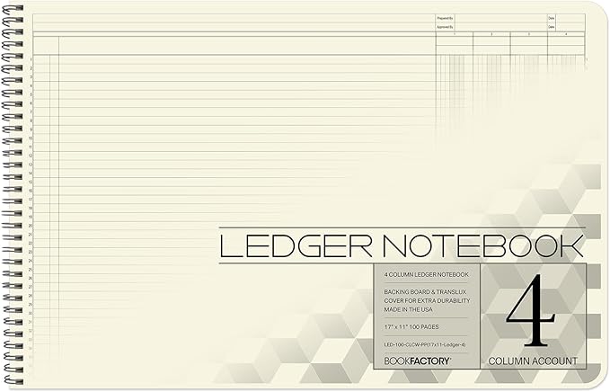 BookFactory Accounting Ledger Notebook/Large 4 Column Accounting Ledger Columnar (Four Columns) Log Book - 17'' x 11'', 100 Pages, Wire-O Landscape Format (LED-100-CLCW-PP(17x11-Ledger-4)-AX)