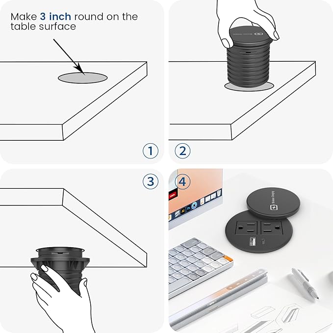 Desktop Power Grommet 3-inch Hole,15W Wireless Charger,20W USB C Fast Charging Station,2 AC Plug,Round Recessed Power Strip, Workspace Essential Desk Hole Cover for Cables Black
