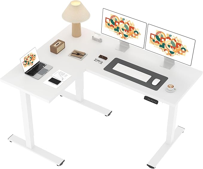 SANODESK L Shaped Standing Desk Adjustable Height, Electric Corner Standing Desk, 63 x 48 inch Sit Stand Computer Table with Splice Board, White