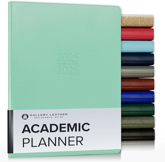 Gallery Leather Academic Planner 2025-2026, Teacher and Student Weekly Monthly Planner, Elegantly Bound Calendar with Gold-Gilded Page Edges, 18 Months - Caribbean Sea Glass - 9x7"