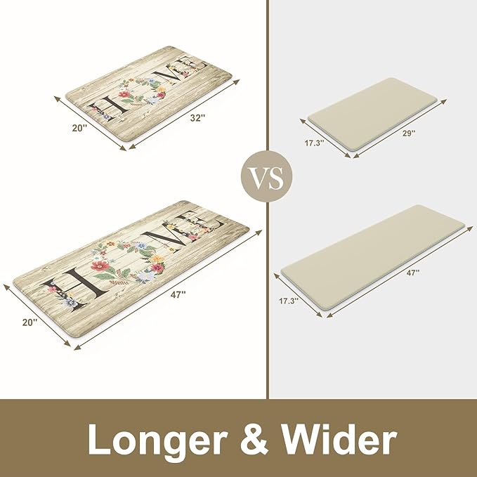 KIMODE Anti Fatigue Mats for Kitchen Floor,Farmhouse Floral Rugs Sets of 2,Cushioned Carpet Non Slip,Wide Memory Foam Runner for Bathroom Sink Laundry Office,Beige 20"x47"+20"x32"