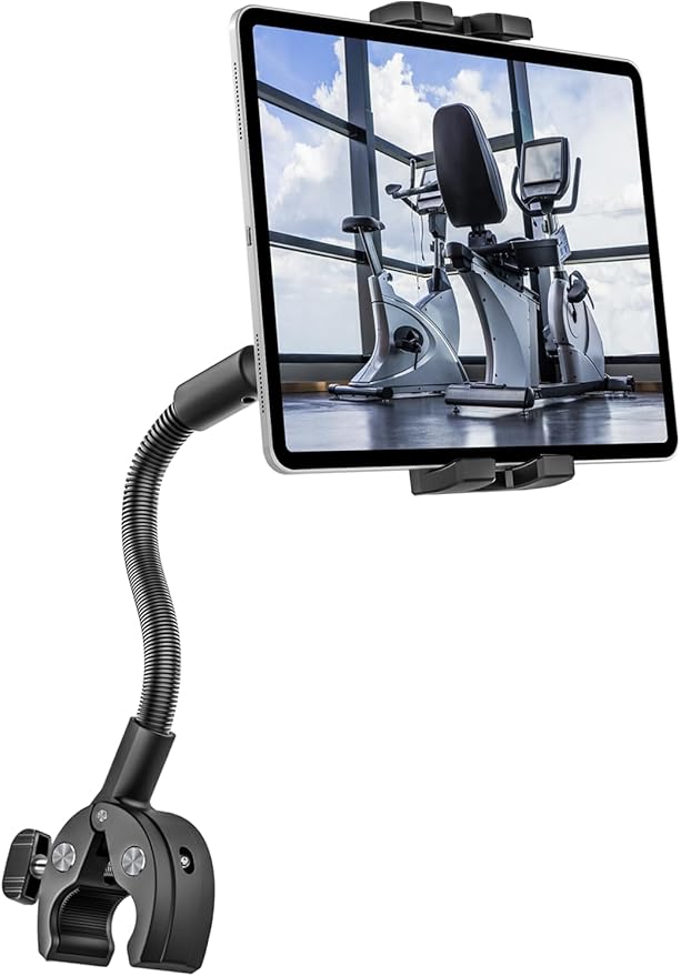 woleyi Gooseneck Treadmill Tablet Holder, Exercise Bike Handlebar Clamp for Spin Bike Peloton, Indoor Stationary Bicycle, Elliptical, Stroller for 4.7-13" iPad Pro Air Mini, Phone, Galaxy, Fire, Ebook