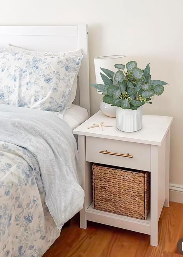 Artificial Plants Indoor with Pot, 11.8" Faux Eucalyptus Stems in Ceramic Vase for Table, Desk, Shelf, Small Fake Potted Plants Eucalyptus Leaves for Centerpieces, Living Room, Bathroom, Bedroom