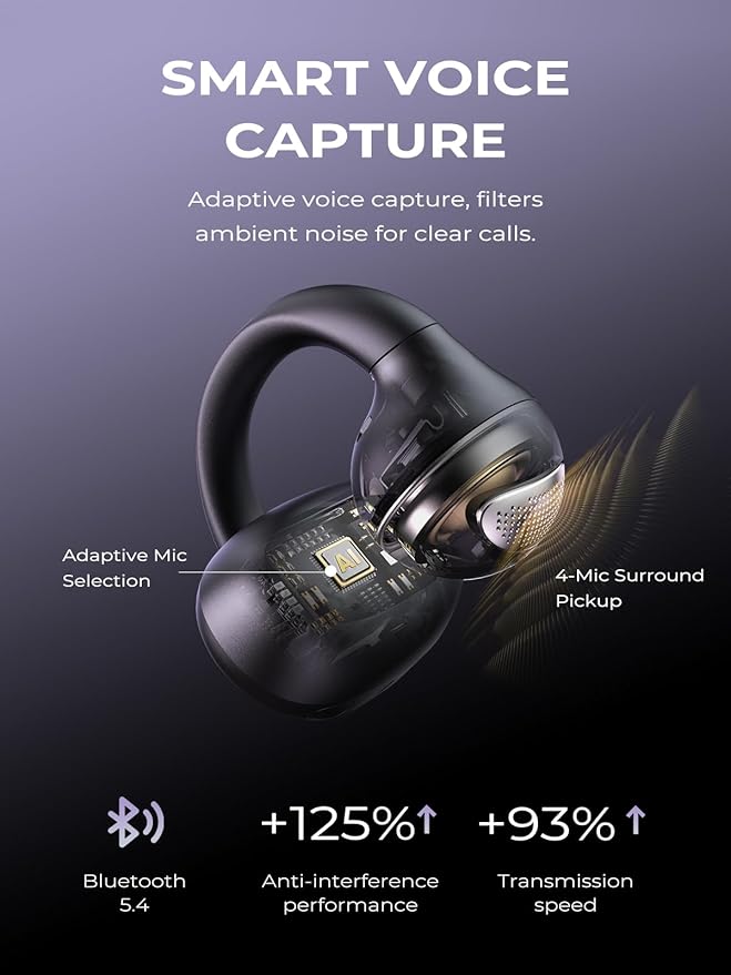 Open Ear Clip On Earbuds, Bluetooth 5.4 Bone Conduction Headphones AI Music Generator Earbuds with 4 Mics Clear Calls, 5.7g Ultra-Light Design, 30H Hi-Fi Stereo Playtime & IPX6 Fit Sports, Black
