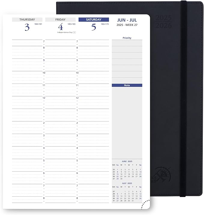 POPRUN Academic Planner 2025-2026, 8.5'' x 11.25'', Quarter-Hourly Appointment Book (July 2025-June 2026) with PU Leather Soft Cover, Dual Pockets, Monthly Tabs, 100GSM Thick Paper - Black