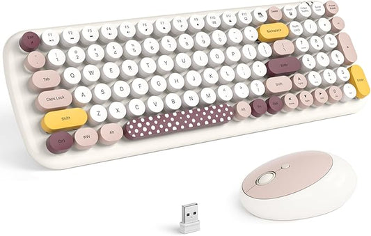 KNOWSQT Wireless Keyboard and Mouse Combo, Light Beige 100 Keys 2.4 GHz Round Keycap Typewriter Keyboards, USB Receiver Plug and Play, for Windows, PC, Laptop, Computer, Desktop