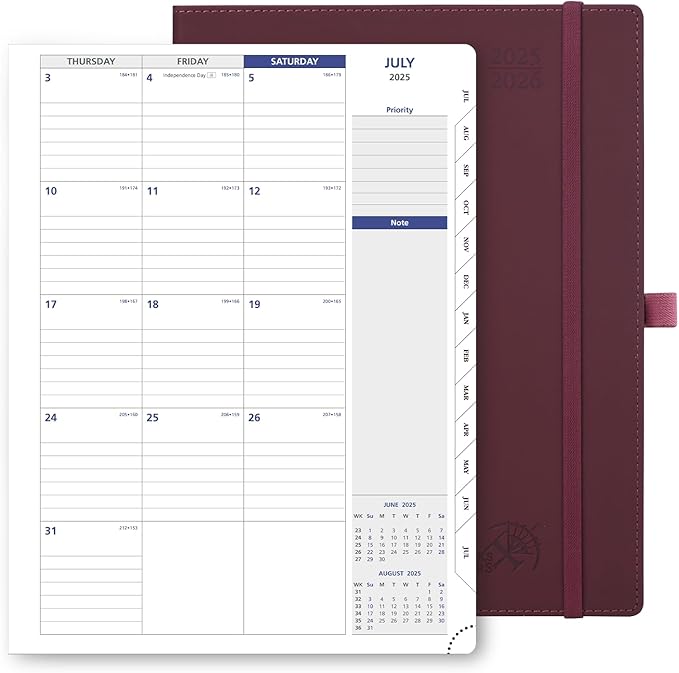 POPRUN Monthly Planner 2025-2026, Large-8.5'' x 11.25'', 13-Monthly Calendar Book (July 2025-July 2026) Academic Calendar Planner with Stair Tabs, PU Leather Soft Cover, 100GSM - Claret