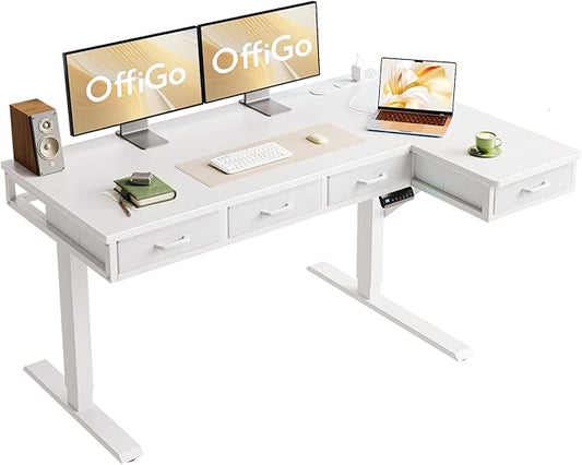OffiGo 55 Inch L Shaped Electric Standing Desk with Drawers, Height Adjustable Large Desk with Power Outlets, Sit Stand Table, Writing Computer Desk for Home, Office, Workstation, White