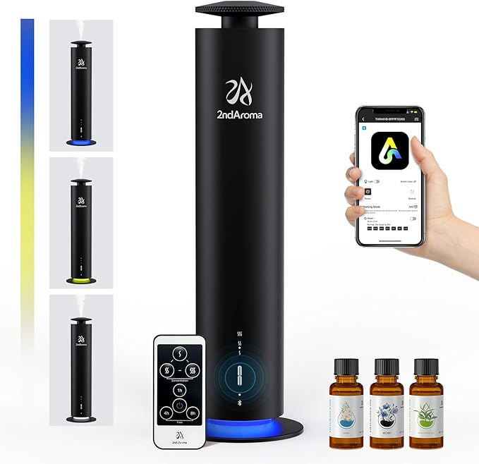 Waterless Scent Diffuser Starter Kit, Diffusers for Home Office Hotel 1000 Sq Ft Coverage, Cordless Essential Oil Diffuser Large Room with 3 Mood Lights, 3 Scent Oils, App Control, Black