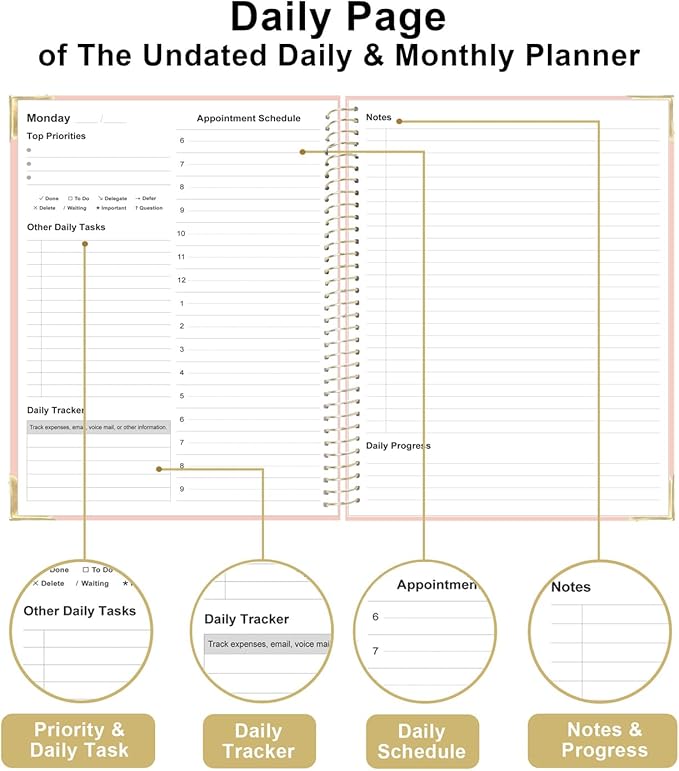 Undated Daily Monthly Planner for 2025 2026 - A4 To Do List with Hourly Schedule, Hardcover Spiral Bound Daily Planner to Increase Focus, Stylish School/Office Supplies, 8.5" x 11", Pink