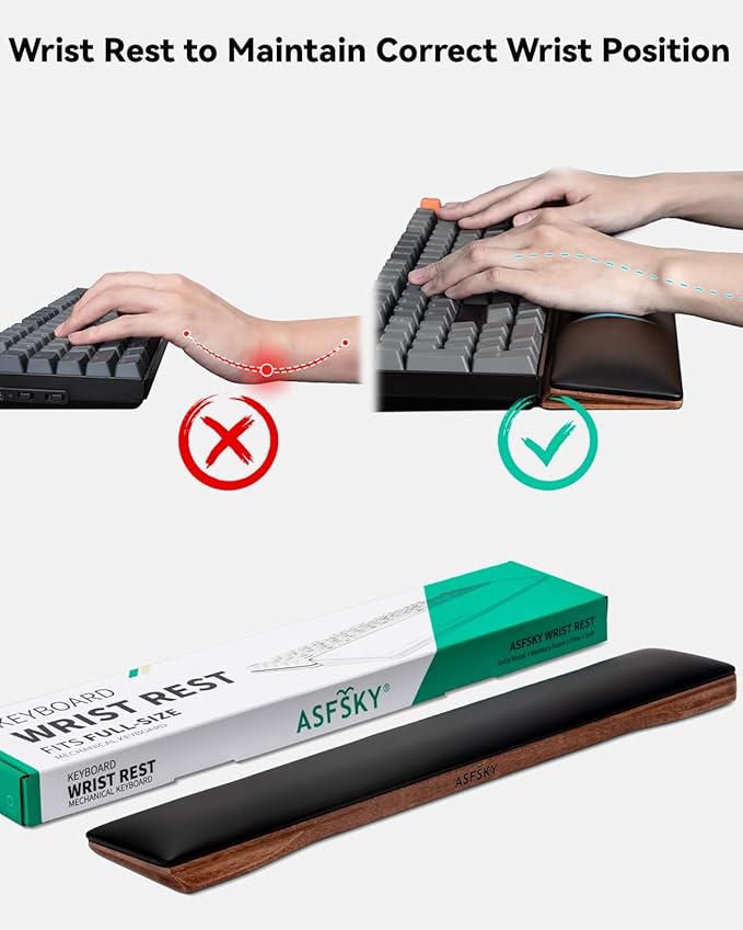 ASFSKY Keyboard Wrist Rest with Memory Foam Anti-Slip Rubber Base Ergonomic Wooden Wrist Rest for Mechanical Keyboard Durable and Easy to Clean for Gamer Staff (Black)