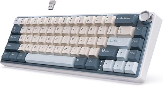 RK ROYAL KLUDGE R65 Wireless Mechanical Keyboard with Volume Knob, Tri-Mode 2.4G/USB-C/BT Gasket Mounted 60% Gaming Keyboard with 66Keys, PBT Keycaps, QMK/VIA, Hot Swappable Cream Switch, Blue