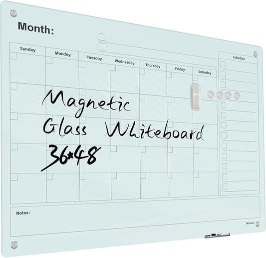 Magnetic Glass Whiteboard - Glass Monthly Calendar Dry Erase Board 48"x36" Large Frameless Glass Board for Walls Office School and Home