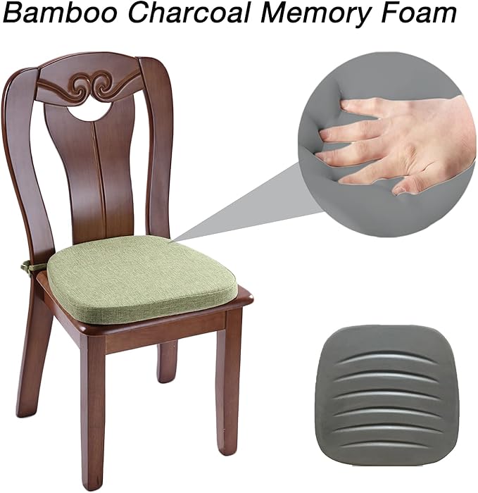 Chair Cushion with Ties for Dining Chairs - Memory Foam Non Slip Kitchen Chair Pad and Dining Seat Cushion with Machine Washable Cover [16.5 x 16.2 Inches] - Green