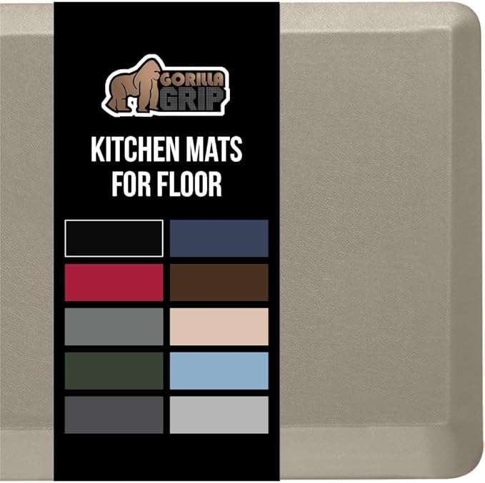 GORILLA GRIP Comfortable Cushioned Kitchen Mats for Floor, 48x20, Waterproof and Stain Resistant Soft Top, 3/4 Inch Thick Ergonomic Standing Desk Anti Fatigue Mat, Foam Supports Ankles and Feet, Taupe