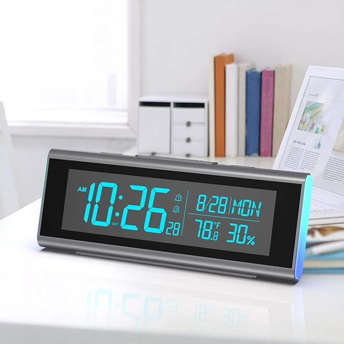 Digital Alarm Clocks for Bedrooms, LED Desk Clock with RGB Night Light, Brightness Dimmer, Date, Week, Temperature Large Display, Modern Decor for Desk, Office, Gift for Kids, Teen, Adults (Black)