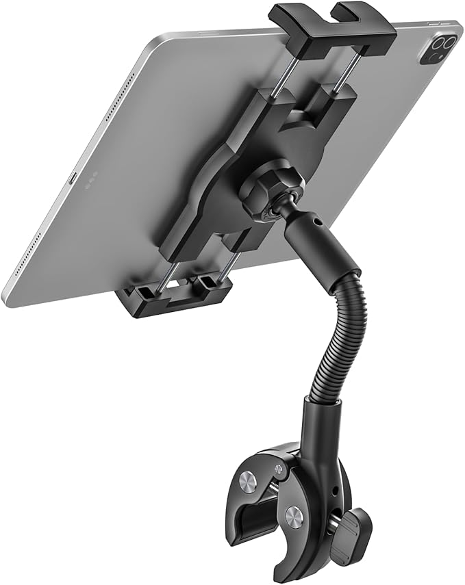 Gooseneck Bike Tablet Mount, Bike Holder - Adjustable Arm Tablet Holder for Motorcycle, Bicycle Scooter Handlebar Clamp, Compatible with iPad Pro Air Mini, Galaxy Tabs, Z Fold, iPhone, 4.7-13" Devices