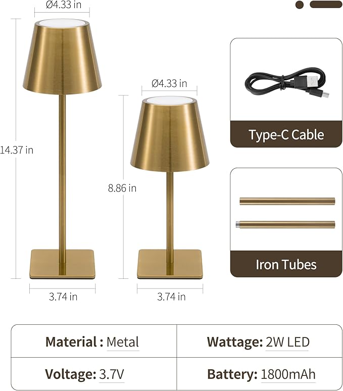 UME Cordless Table Lamp, Battery Operated Lamp - Portable Waterproof Rechargeable Table Lamp w/ 3 Color Temps & Stepless Dimming for Dinner, Desk, Cafe, Outdoor (Brushed Gold)