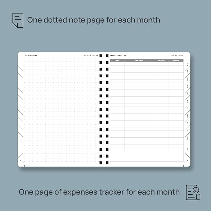 POPRUN Monthly Planner 2026-2027 (Medium 6.5" x 8.5") 18 Months Calendar (Jan 2026 - Jun 2027) - 4 Pages per Month with Expense & Notes, Stair-like tabs, Leather Cover, Sunday Starts - Black