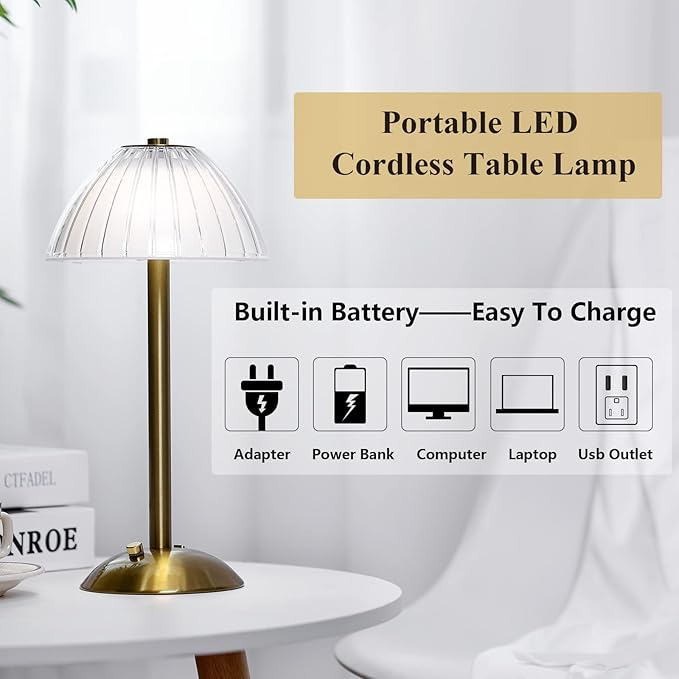 Liliful 4 Pcs LED Portable Cordless Table Lamp Touch Battery Operated Rechargeable Desk Lamp 3 Color Dimmable for Bedroom Living Room Dining (Mushroom Style,Gold)