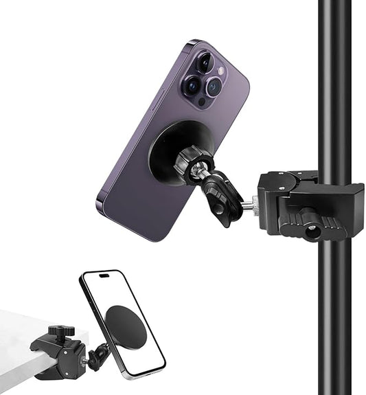 Mic Stand Phone Holder, for MagSafe Phone Holder with Clamp, Dual Ball Head 360° Swivel Magnetic Microphone Stand Phone Mount Clip for iPhone 16 15 14 MAX Pro Samsung Galaxy and Any Smartphones
