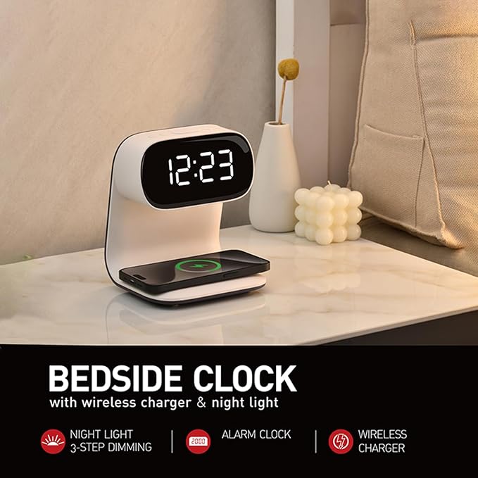 Digital Alarm Clock with Wireless Fast Charging Station 15W Touch Smart Lamp for Bedside,3 Colors Nightlight Adjustment Night Lamp for Living Room,Bedside,Heavy Sleepers (White+No Adapter)