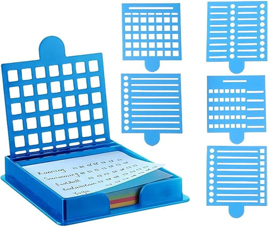 Sticky Note Holder with 5 Stencils, 3x3 Sticky Pads Dispenser with Stencil,Memo Pad Organizer with Line Box Drawing Template for to-Do Lists, Home, Office, Reusable Note Organizer (Blue)