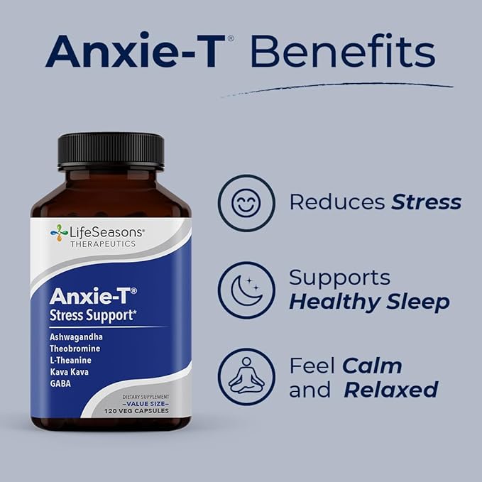 Anxie-T - Stress Relief Supplement - Supports Mood & Mental Focus - Feel Calm and Relaxed - Eases Tension & Nervousness - Ashwagandha, Kava Kava, GABA & L-Theanine - 120 Capsules