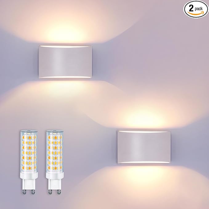 KICAAO Modern LED Wall Sconce,Warm White 3000K,Hardwired Indoor Outdoor Wall Lights Set of 2 Up and Down Wall Mount Light for Living Room Bedroom Hallway Corridor Conservatory(with G9 Bulbs) (White)