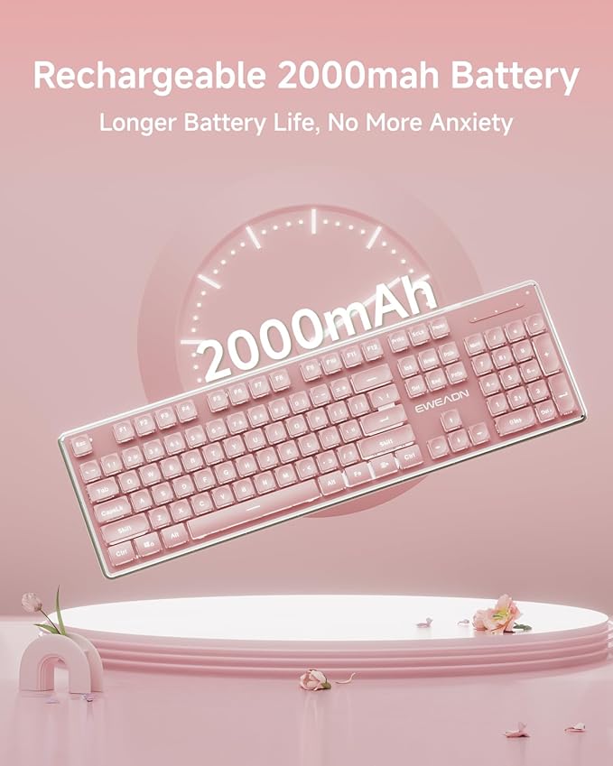 V3 Wireless Keyboard and Mouse with Single Backlit, Metal Panel, Bluetooth/2.4G Rechargeable Computer Keyboard and Mouse Combo Silent Lighted Full Size Cute Keyboards-Pink