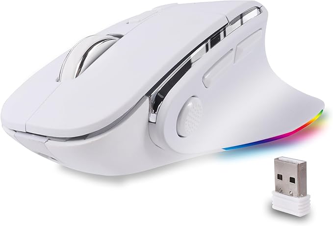 Ergonomic Mouse Jiggler,Bluetooth Vertical Wireless Mouse,LED Rechargeable Optical Computer Mice, Portable(BT5.2 or USB 2.4GHz) Dual Mode,1000/1600/2400 DPI,8 Buttons for Laptop,PC,Macbook (white)