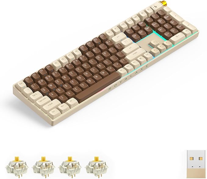 R108 Wireless Mechanical Keyboard, G Pro 3.0 Yellow Switch, Hot Swappable Wired/Bluetooth/2.4G Wireless Keyboard with RGB Light for Windows & Mac, PBT Keycaps, Lava Brown