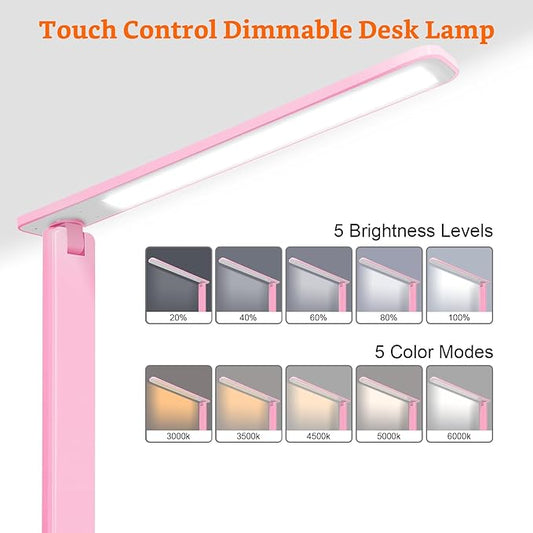karidi LED Desk Lamp Dimmable Table Lamp with USB Charging Port, 5 Lighting Modes, Sensitive Control, Foldable Portable Desk Light for Home Office Bedroom Reading (Pink, Standard Size - 13.3 inch)
