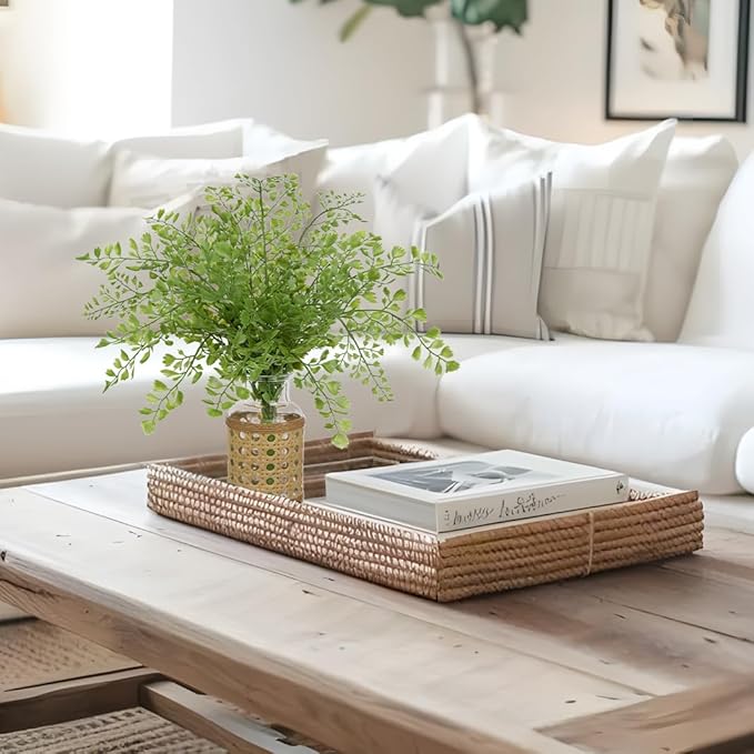 Faux Greenery Stems in Vase Aritificial Fern Plant in Glass Vase with Faux Water & Woven Cover Small Fake Desk Plants Greenery Centerpieces for Farmhouse Kitchen Dinner Tables Shelves Plants Decor