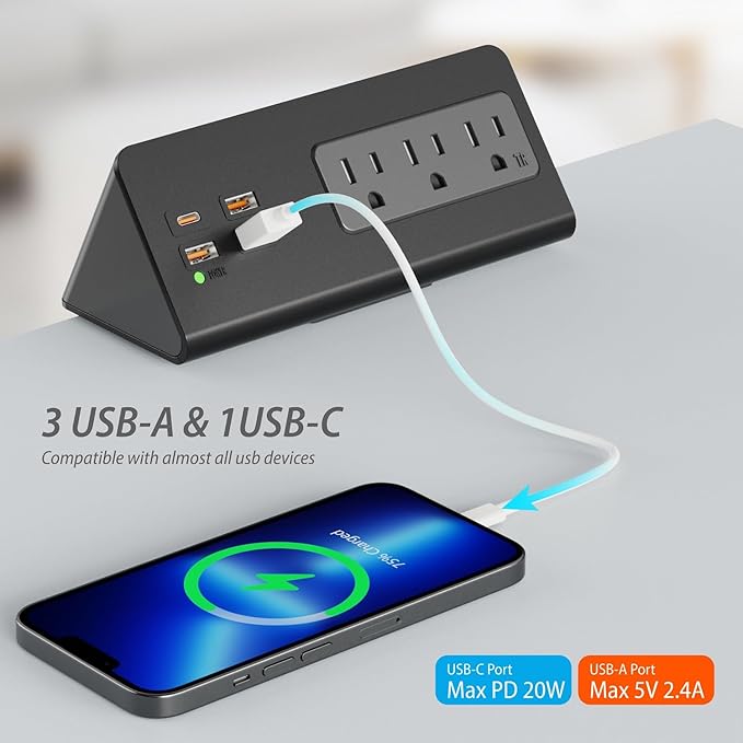 Desk Edge Clamp Mount Power Strips with 4 USB Ports(1xPD 20W USB-C Port)& 3 AC Outlets,1875 Joules Tabletop Surge Protector, Power Sockets for Office Table/Hotel Nightstands,ETL Listed (1-Pack, Black)