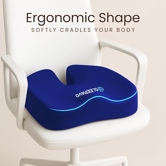 Sleepavo Navy Blue Memory Foam Seat Cushion for Office Chair - Pillow for Sciatica, Coccyx, Back, Tailbone and Lower Back Pain Relief - Orthopedic Chair Pad Lumbar Support in Office, Car, Airplane
