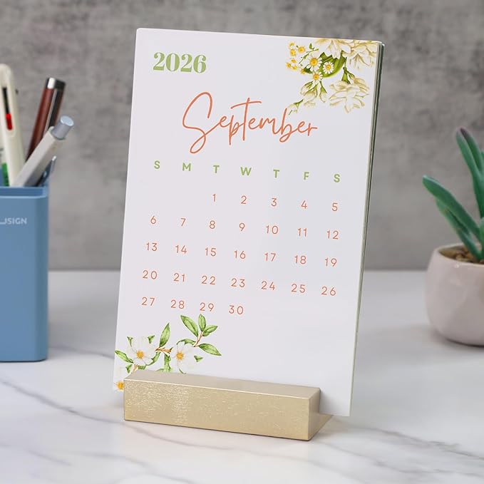 UNIQOOO 3.5" Gold Birch Wood Stand for Monthly Desk Calendar, Wooden Block Base, Cardstock Holder, For Office Home Retail Reception Decor, Photo Display, 2 Pack