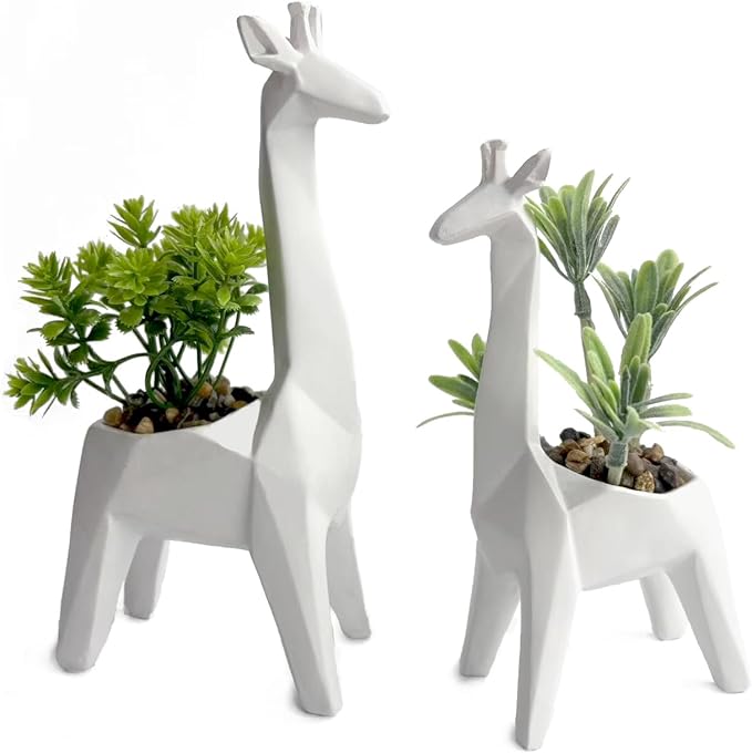 2PCS Cute Artificial Mini Succulent Plants with Creative Giraffe Shaped Pots, Desk Plant for Office Decor for Women,Small Fake Plants for Shelf Desk,Bathroom,Tabletop Decor (White)