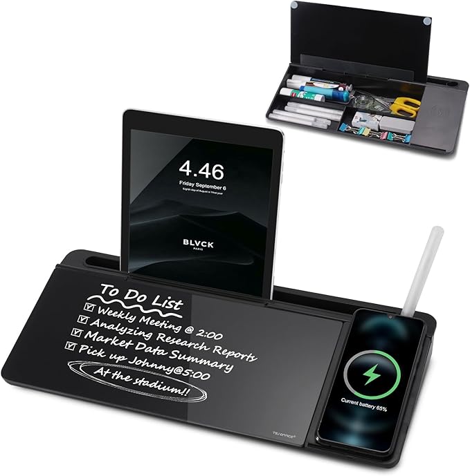 Small Glass Desktop Whiteboard Dry-Erase-Board - Computer Keyboard Stand with Wireless Charger White Board Surface Pad with Drawer, Desk Organizers with Accessories for Office, Home, School Supplies