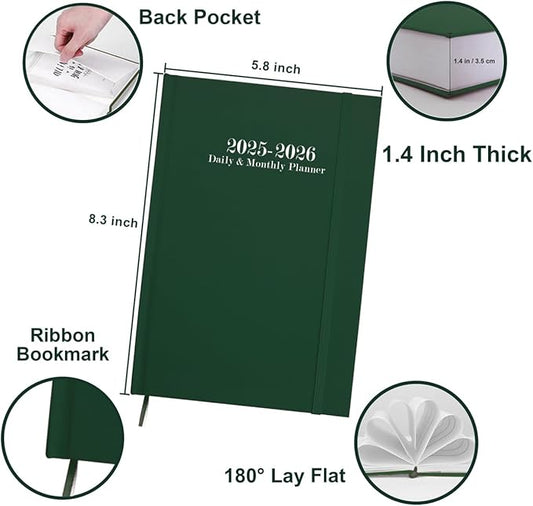 2025-2026 Daily & Monthly Planner - 2025 2026 Academic Year Planner One Page Per Day from July 2025 to June 2026, Hourly Appointment Book Perfect Organizer Daily Life, Fabric Cover, 5.8'' x 8.3'', Green