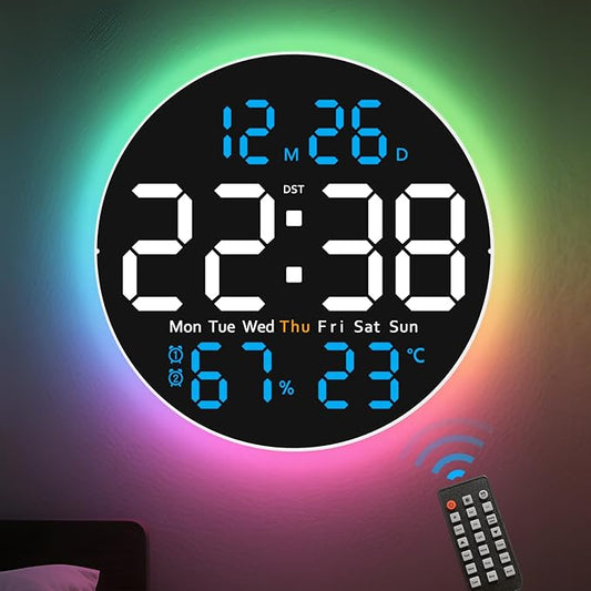 10 Inch Large Digital Wall Clock with 9 Color Changing Remote Control, Date Week Temperature, Auto Brightness Dimmer Big Clock with Night Lights,Blue