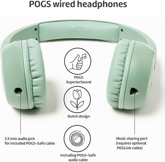 POGS Kids Wired Headphones | The Elephant 2 | Adjustable, Durable Headphones for Kids 3+ | Limited to 85 dB, Microphone | On-Ear | Music-Sharing Function Safe 3.5mm Audio Cable (3.2ft) (rGreen)