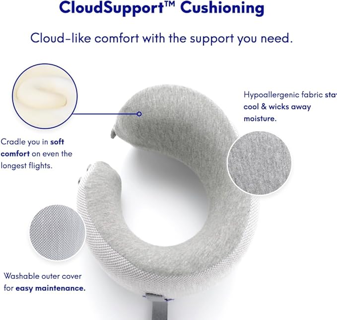 C CUSHION LAB Travel Pillow, Award-Winning Patented Ergonomic Design for Chin & Neck Support Memory Foam Neck Pillow, Compact Airplane Pillow for Traveling, Flight, Car (Gray, Medium)